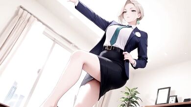 Boss Blonde in Suit Kneeling on Desk Files Collar Low Angle Lazy Sexy Private