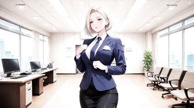Boss Blonde in Suit Kneeling on Desk Files Collar Low Angle Lazy Sexy Private