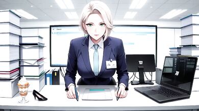 Boss Blonde in Suit Kneeling on Desk Files Collar Low Angle Lazy Sexy Private