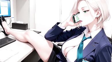 Boss Blonde in Suit Kneeling on Desk Files Collar Low Angle Lazy Sexy Private
