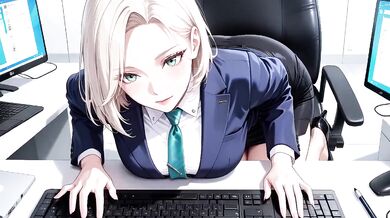 Boss Blonde in Suit Kneeling on Desk Files Collar Low Angle Lazy Sexy Private