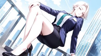 Boss Blonde in Suit Kneeling on Desk Files Collar Low Angle Lazy Sexy Private