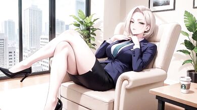 Boss Blonde in Suit Kneeling on Desk Files Collar Low Angle Lazy Sexy Private