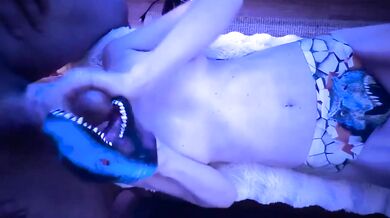 Big Tit Blonde Destroys Fat Cock with Dinosaur Puppet and Panties Until Gushing River Cum Drips Down Her Big Tits