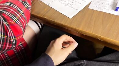 Japanese Schoolgirl Public Handjob Under Table In Classroom Cumshot