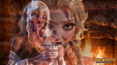 Elsa and Kida strip topless in snowy cabin with big busty cartoon lesbian hustle