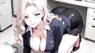 Blonde Secretary Office Meltdown Lazy Under Desk Kneeling Silky Darkblazer Corporate
