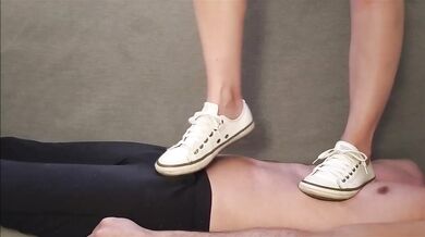Blonde Amateur Trampled Under White Sneakers Like A Human Carpet Doormat Slave