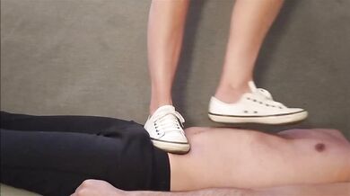 Blonde Amateur Trampled Under White Sneakers Like A Human Carpet Doormat Slave