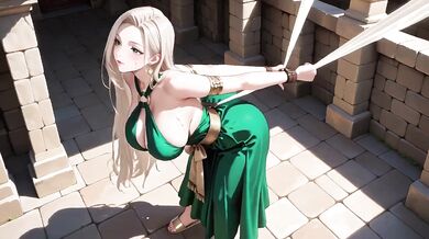 Green Gown Queen on Classical Throne Lazy Elegance Kneeling Pose Teasing You with Plump Curves Liquid Climax