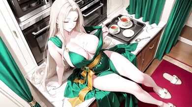 Green Gown Queen on Classical Throne Lazy Elegance Kneeling Pose Teasing You with Plump Curves Liquid Climax