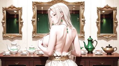 Green Gown Queen on Classical Throne Lazy Elegance Kneeling Pose Teasing You with Plump Curves Liquid Climax