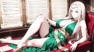 Green Gown Queen on Classical Throne Lazy Elegance Kneeling Pose Teasing You with Plump Curves Liquid Climax