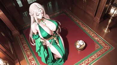 Green Gown Queen on Classical Throne Lazy Elegance Kneeling Pose Teasing You with Plump Curves Liquid Climax