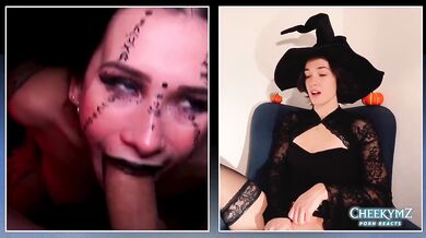 CheekyMZ Reacts and Cums Watching Witch Porn Halloween Petite Brunette Masturbation Orgasm Loud Moaning Cute Amateur HD