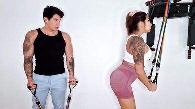 Home workout with stepdaughter ends in a rough sex session!