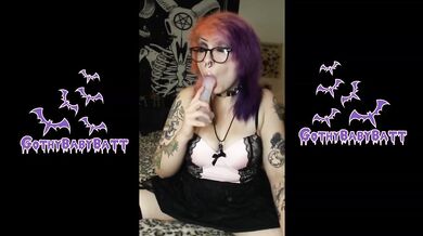 Thick Goth Girl Sucks Dildo and Uses Vibrator for Clit Orgasm with Drool on Tits