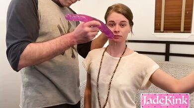 Innocent girlfriend destroyed by huge dildo deep throat training sloppy face fuck homemade amateur blowjob choked