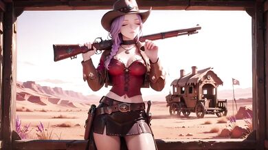 Purple-Haired Cowgirl Destroyed By Gushing Orgasm In Desert Sunset With Rifle