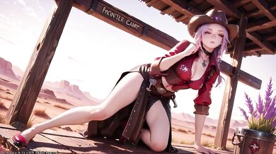 Purple-Haired Cowgirl Destroyed By Gushing Orgasm In Desert Sunset With Rifle