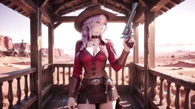 Purple-Haired Cowgirl Destroyed By Gushing Orgasm In Desert Sunset With Rifle
