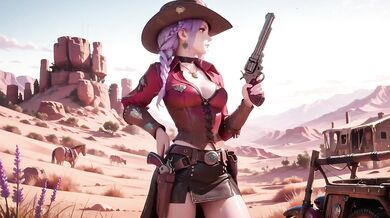 Purple-Haired Cowgirl Destroyed By Gushing Orgasm In Desert Sunset With Rifle