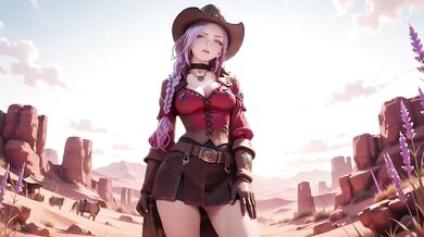 Purple-Haired Cowgirl Destroyed By Gushing Orgasm In Desert Sunset With Rifle
