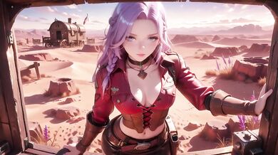 Purple-Haired Cowgirl Destroyed By Gushing Orgasm In Desert Sunset With Rifle