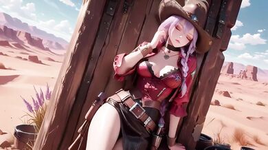 Purple-Haired Cowgirl Destroyed By Gushing Orgasm In Desert Sunset With Rifle