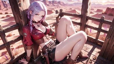 Purple-Haired Cowgirl Destroyed By Gushing Orgasm In Desert Sunset With Rifle