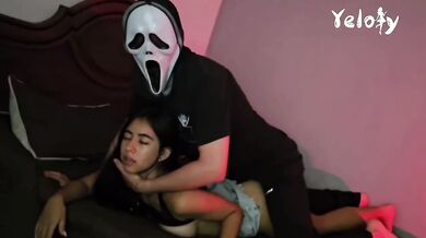 Halloween Party Blowjob Destroyed Big Tits and Latina Big Ass Reverse Cowgirl Fucking Amateur Real Couple