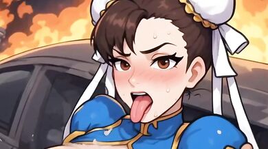Chun Li Street Fighter Car Side Rough Sex Torn Blue Dress Thighjob Cum on Abs Burning City Stage