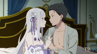 Emilia Comforts Subaru After a Bad Dream Then Asks Him to Stay So He Gets Destroyed Gushing Choked by Creamy Handjobs and Kissing