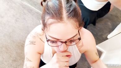 Cute pigtail amateur takes massive cumshot in pov blowjob with eye contact cum on face