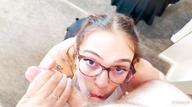 Cute pigtail amateur takes massive cumshot in pov blowjob with eye contact cum on face