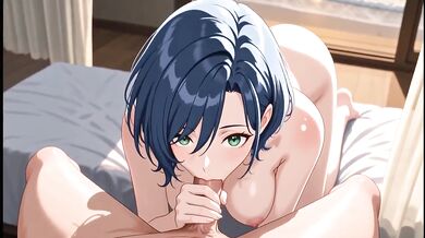 Blue Haired Hentai Girl Makes Sensual Bed Moves Before Blowjob Gushing Cumshot