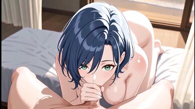 Blue Haired Hentai Girl Makes Sensual Bed Moves Before Blowjob Gushing Cumshot