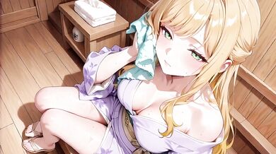 Blonde Boss in Wet Purple Robe Destroyed by Gushing Orgasm in Japanese Garden Bedroom