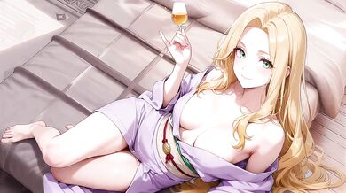 Blonde Boss in Wet Purple Robe Destroyed by Gushing Orgasm in Japanese Garden Bedroom