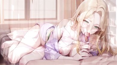 Blonde Boss in Wet Purple Robe Destroyed by Gushing Orgasm in Japanese Garden Bedroom
