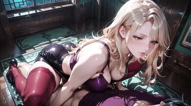 Blonde Bombshell in Purple Lingerie Shiny Black Skirt Red Stockings High Heels Garter Stockings Blowjob Oral Sex