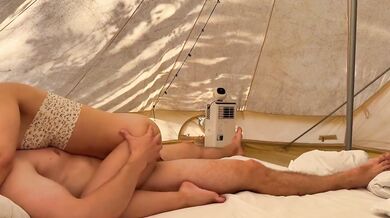 Instead of a mountain trip she chose a tent wet blowjob and choked cum dripping in her pussy