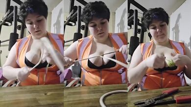 Stripping Copper Wire At Work In Bra With Gushing Boobs For Voyeurism
