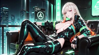 Cyber Maid Afternoon Blonde in Futuristic Bodysuit Kneeling Lazily on Bed Sunlight Hitting Her Chest Sheer Stockings Peeking