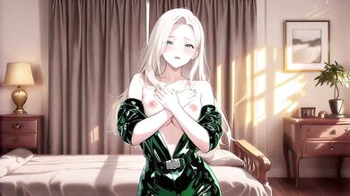 Cyber Maid Afternoon Blonde in Futuristic Bodysuit Kneeling Lazily on Bed Sunlight Hitting Her Chest Sheer Stockings Peeking