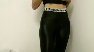 Blonde Amateur Destroyed Gushing Cumshot on Tight Leather Leggings Teasing Huge Load