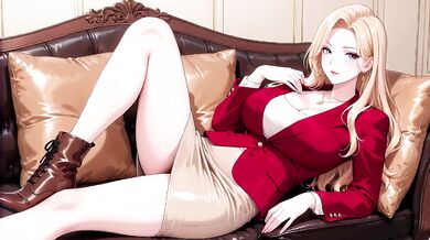 Blonde CEO in Red Suit Gushes on Leather Sofa with Lazy Boss Gaze