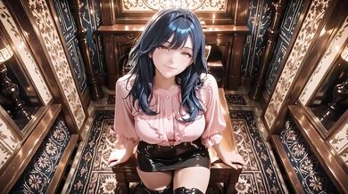 Blue Haired Golden Eyed Goddess in Pink Satin Blouse Black Shiny Mini Skirt Thigh High Boots Destroyed by Passionate Sex