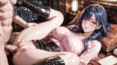 Blue Haired Golden Eyed Goddess in Pink Satin Blouse Black Shiny Mini Skirt Thigh High Boots Destroyed by Passionate Sex