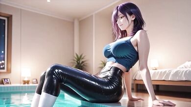 Purple Hair Anime Girl In Shiny Latex Pants Destroyed Cowgirl Riding Doggy Style